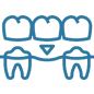 Dental bridges icon showing teeth connected by a prosthetic bridge with patient figures below.