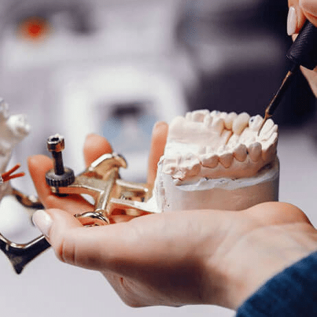 Dentist demonstrating dental implant model with prosthetic teeth and surgical instruments.