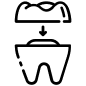 Tooth receiving dental treatment with arrow pointing downward, representing dental care or procedure.