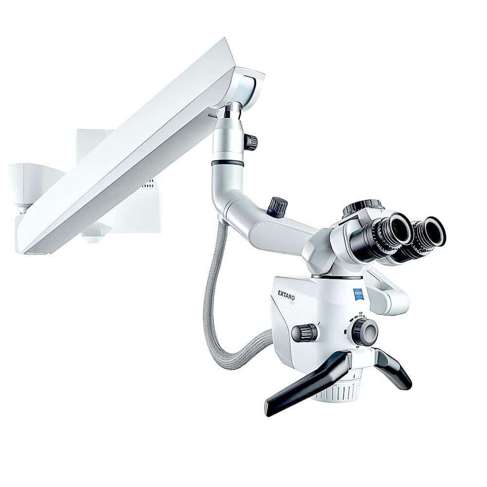 ZEISS EXTARO operating microscope with dual eyepieces for dental surgery.