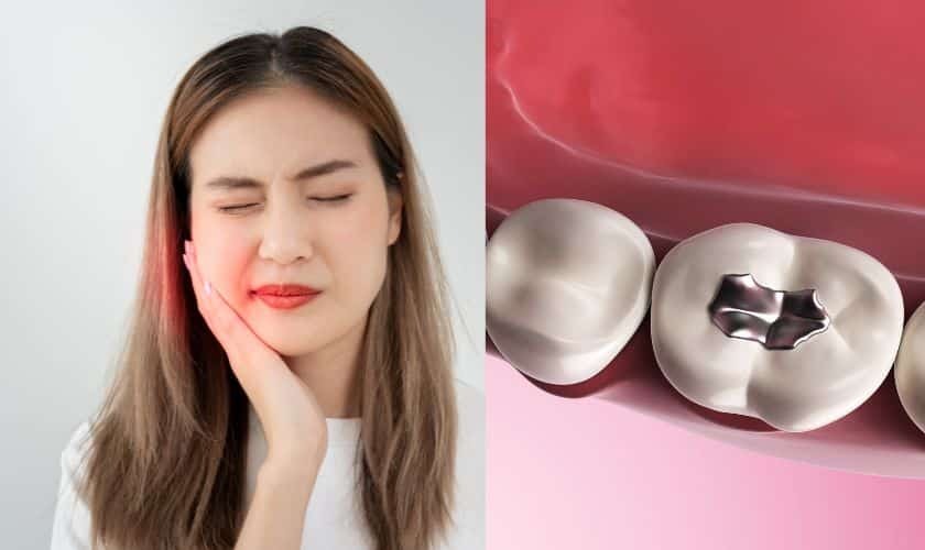 Woman holding her cheek in pain next to a dental filling illustration showing tooth cavity treatment.