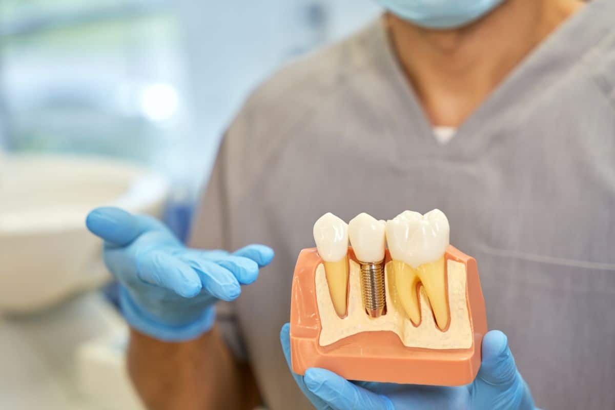 Dentist holding dental implant model showing tooth replacement with crown and screw in Paradise Valley.